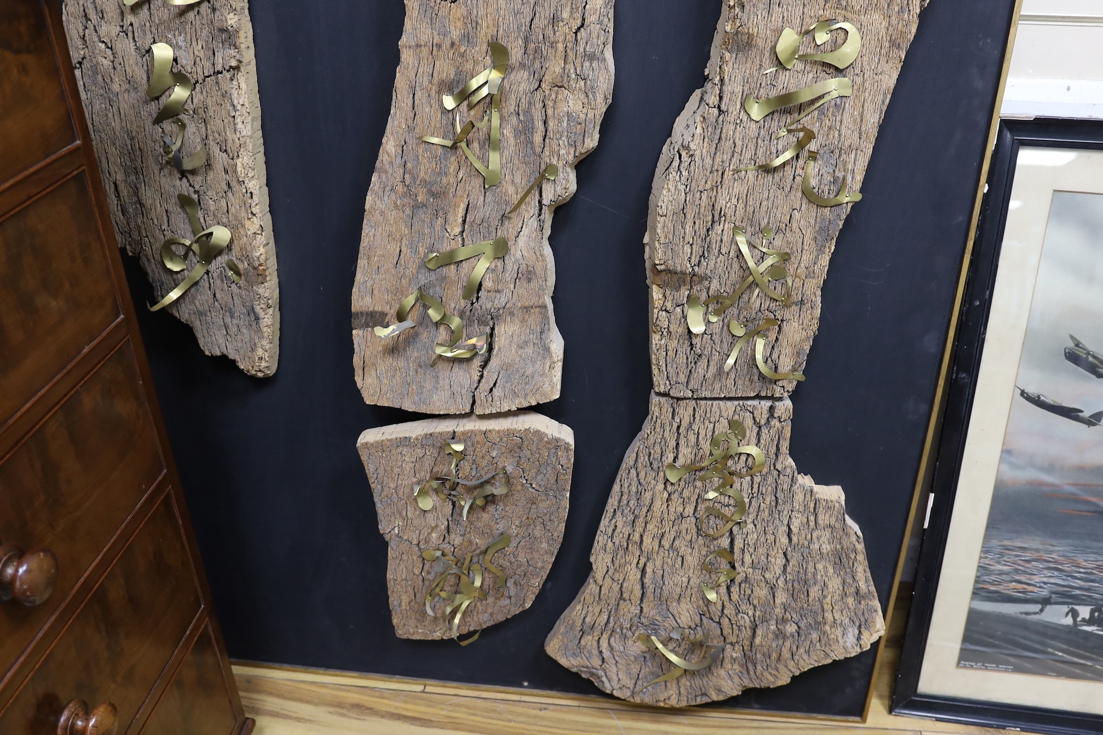 Ruth Sulke, a cork bark and gilt metal classic Chinese calligraphy of a Chinese poem appliqué wall panel, width 108cm, height 169cm